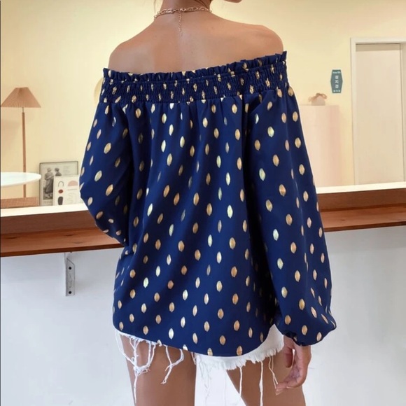 Boho polka dot off shoulder shirred blouse - Picture 2 of 7